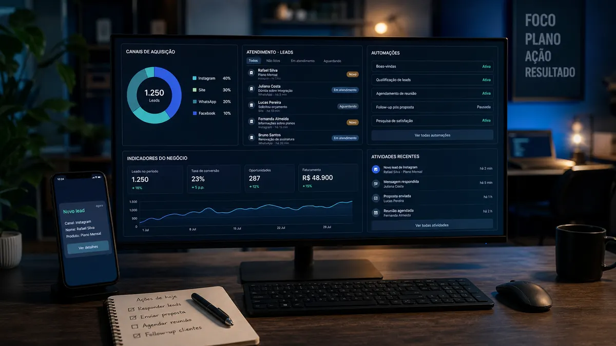 Dashboard com indicadores de canais, leads e operação