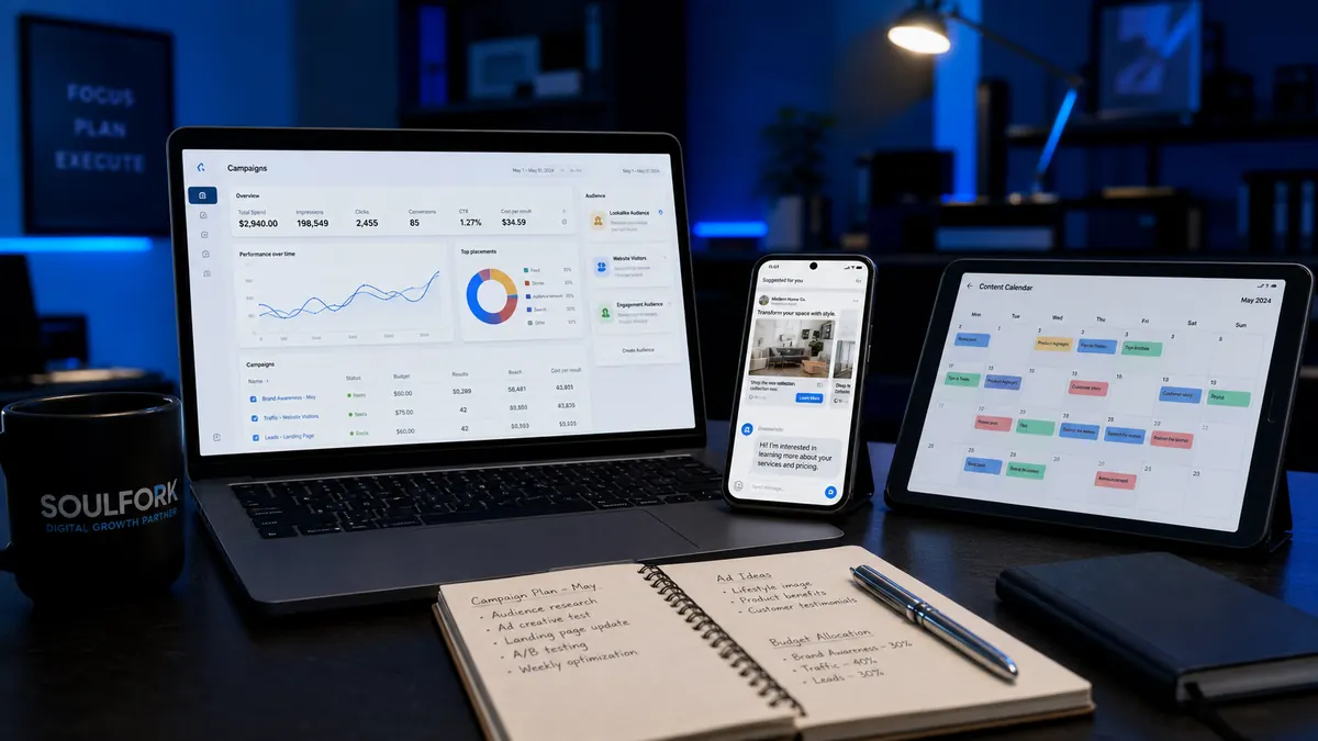 Painel de campanhas digitais com celular e calendário de conteúdo