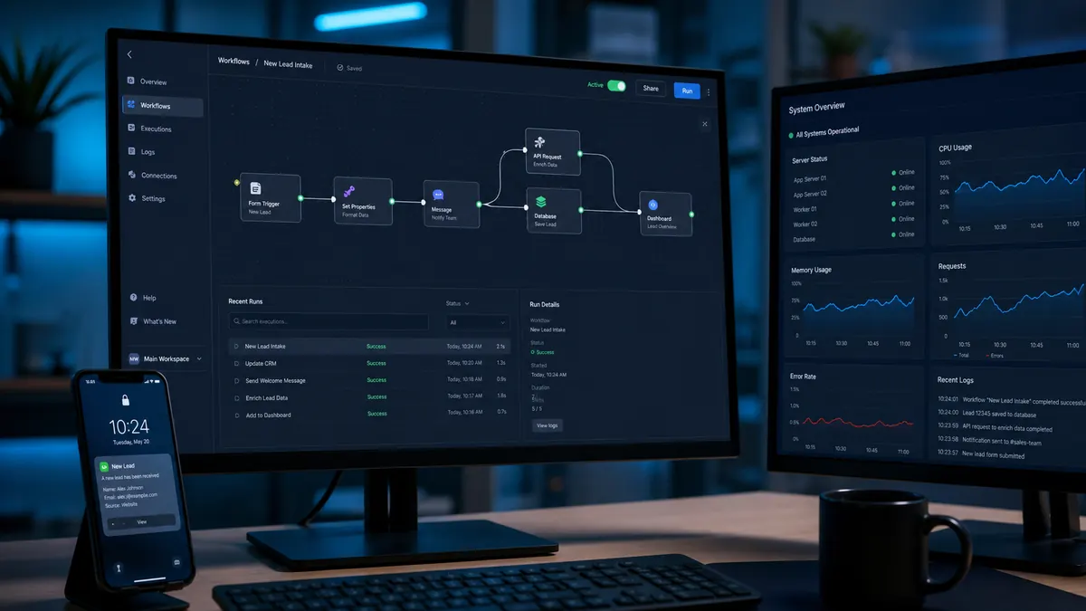 Fluxo de automação digital em tela com integrações conectadas